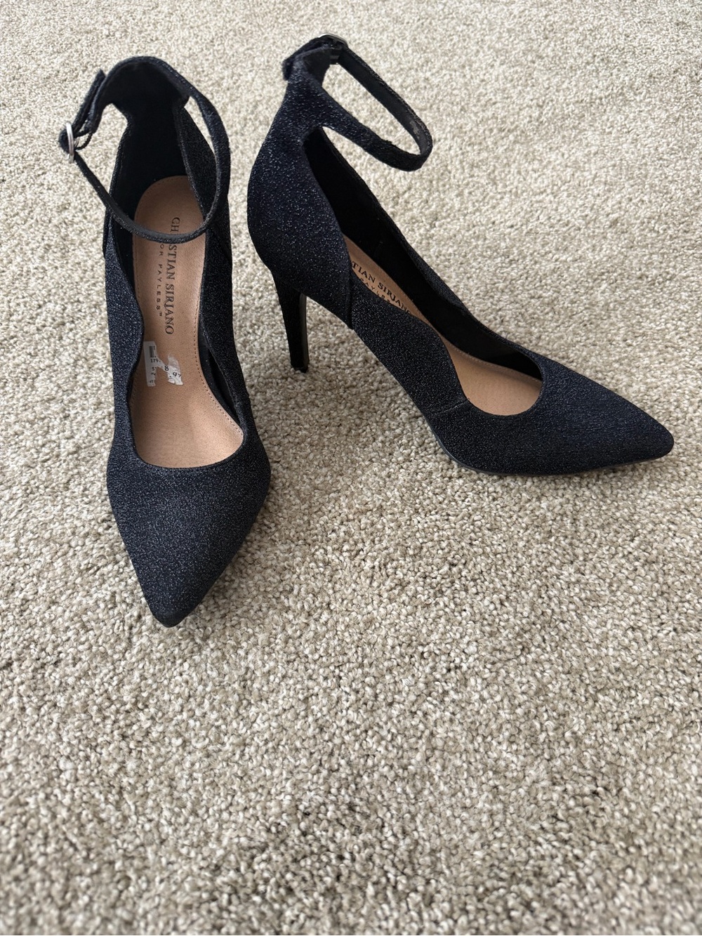 Christian Siriano black sparkly heels with ankle strap